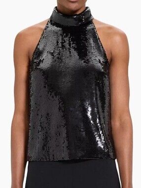 THEORY Fluid Black Sequin Sleeveless Mock  Neck Halter Tank Top - Size: M -  NWT